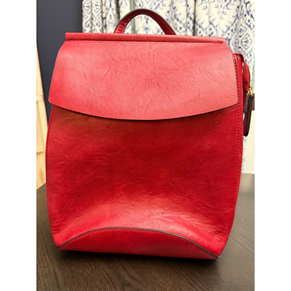 Red Vegan Leather‎ Minimalist Backpack Gold Hardware Flap Closure Red